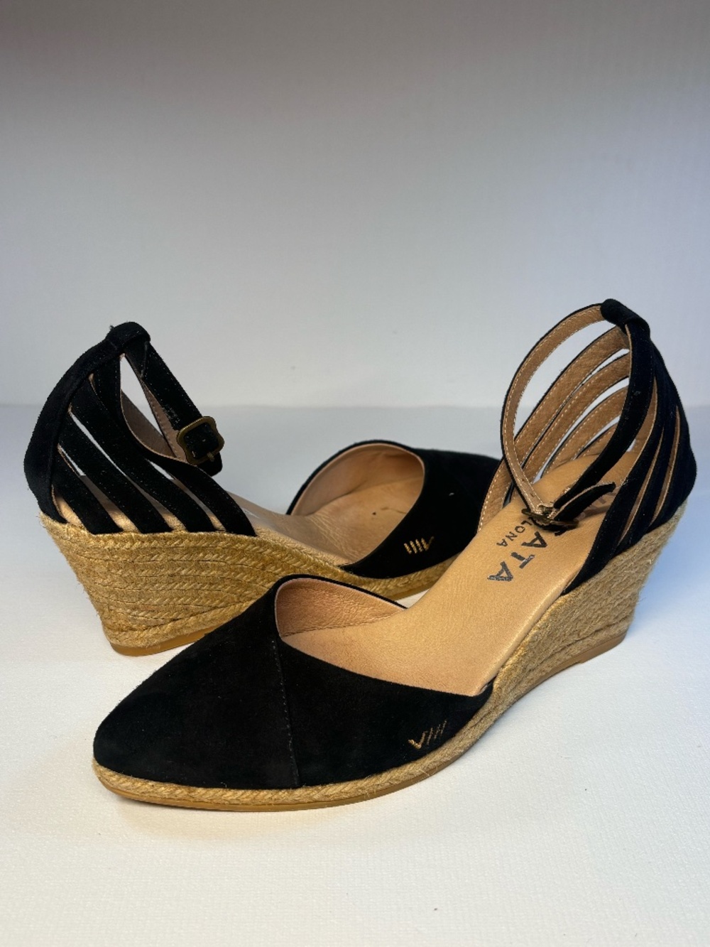 VISCATA Barcelona Black Suede Espadrille Wedges Size 38 Made in Spain